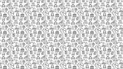 Seamless pattern of travel themed doodles including luggage airplanes ships and world landmarks outlined in black