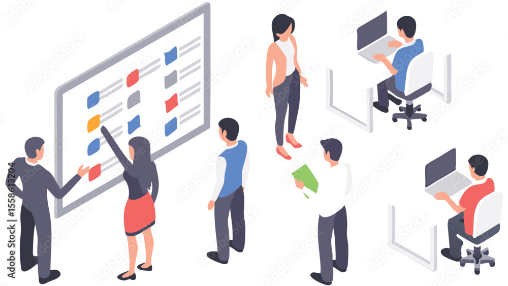 Aufkleber isometric view of a team working in an office with a whiteboard and people at computers at desks