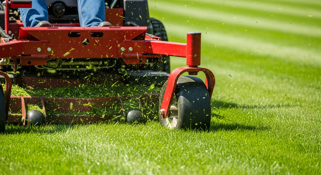 Professional Zero-Turn Mower Cutting Fresh Green Grass on a Sunny Day, Leaving Striped Lawn Pattern - Powered by Adobe