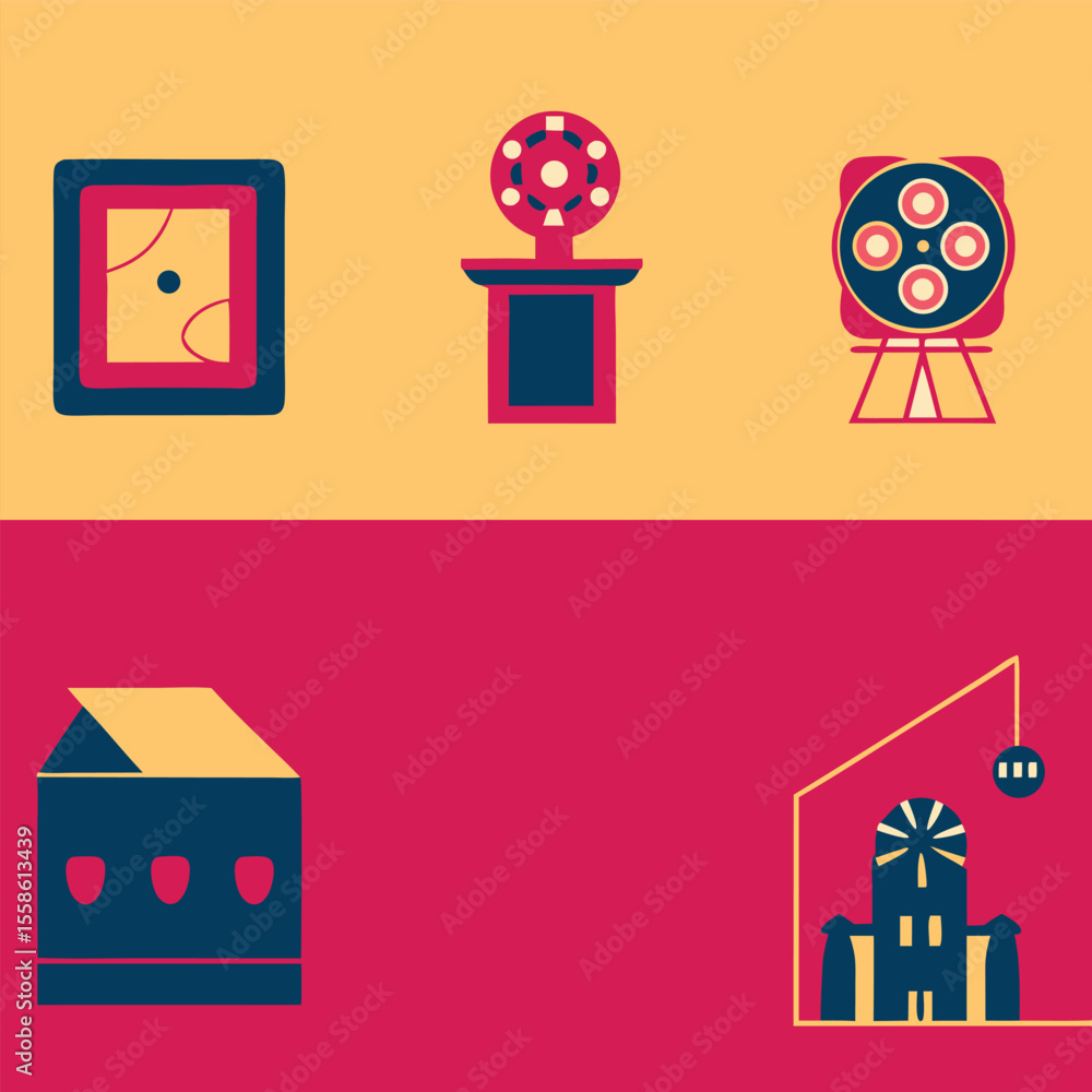 Poster minimalist geometric illustrations in bold colors displaying architectural and abstract elements