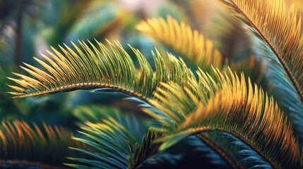 Golden Palm Leaves in Sunlit Forest