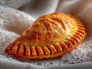 Golden Brown Pastry on Lace Tablecloth, Appetizing Baked Good in Soft Light, Gourmet Snack or Meal Idea with Intricate Texture and Warm Color Tones