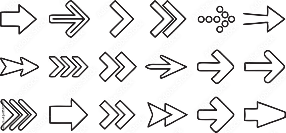 Poster minimal line style arrow icons set 30 unique ultra thin editable black outline designs