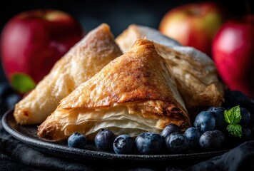 Golden Brown Pastry Triangles Surrounded by Fresh Blueberries and Red Apples on a Dark Plate Against a Dark Background