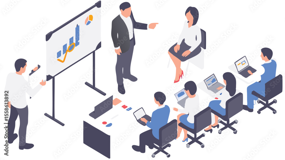 Aufkleber business presentation with team members attending and presenter pointing at the whiteboard graph cha