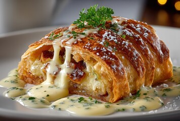 Golden flaky pastry filled with savory ingredients, drizzled with creamy sauce and garnished with a sprinkle of fresh herbs on a beautifully plated dish