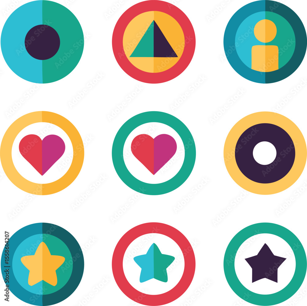 Poster set of colorful circular icons featuring geometric shapes and symbols in flat design