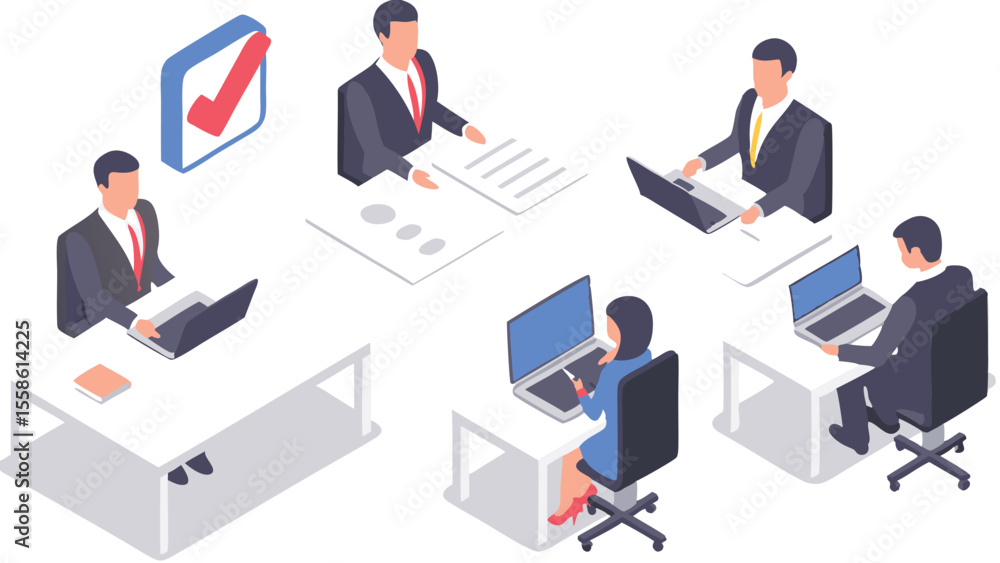 Poster isometric view of business professionals working at desks with laptops and documents in an office se