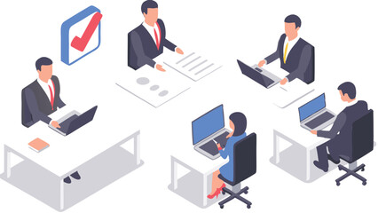 Isometric view of business professionals working at desks with laptops and documents in an office setting