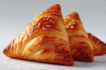 Golden flaky pastry triangles with sesame seeds on a light background, perfect for bakery, dessert, or gourmet food photography, showcasing deliciousness