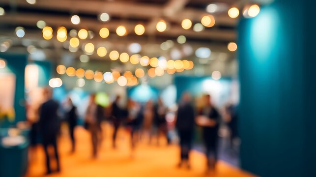 Blurred image of people walking through a brightly lit exhibition hall with bokeh lights overhead