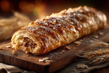 Golden-brown flaky pastry roll filled with rich nutty mixture on wooden cutting board with blurred warm background and scattered oats