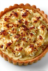 Golden-Brown Pasta Bake in Flaky Tart Shell with Golden Crispy Topping and Garnish of Fresh Herbs on a White Background