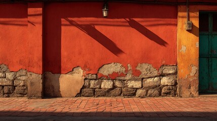 Red Wall with Shadow in Quiet Street