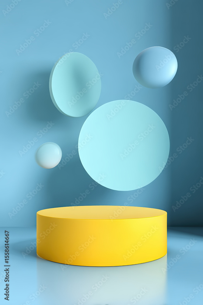 Poster 3d podium with overlapping circle design. a 3d rendered cylindrical pedestal podium with floating ov