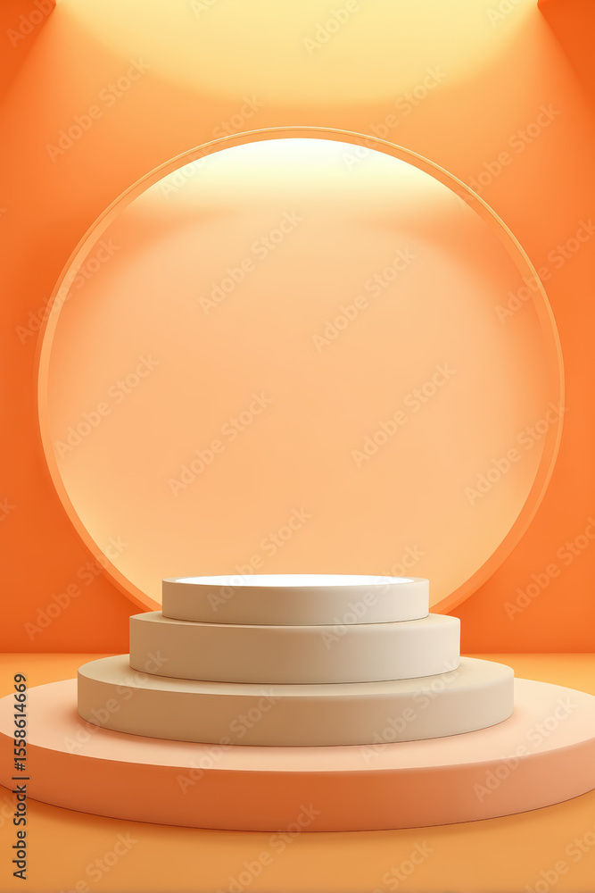 Poster 3d podium with orange background. a 3d rendering featuring a cylindrical pedestal podium against a v