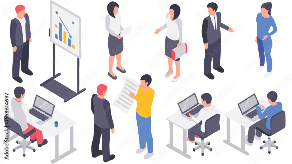 Aufkleber isometric view of business people in an office setting with laptops and presentation board showing d