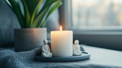 Soft light from a candle illuminates a serene setting with decorative figurines beside a potted plant by the window