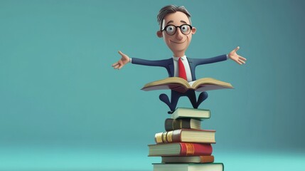 Joyful cartoon businessman on a stack of books, arms outstretched.