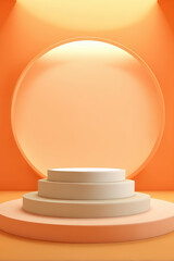 3D Podium with Orange Background. A 3D rendering featuring a cylindrical pedestal podium against a vibrant orange backdrop with floating overlapping circles.