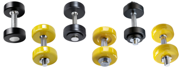 Black and yellow dumbbells with chrome bars