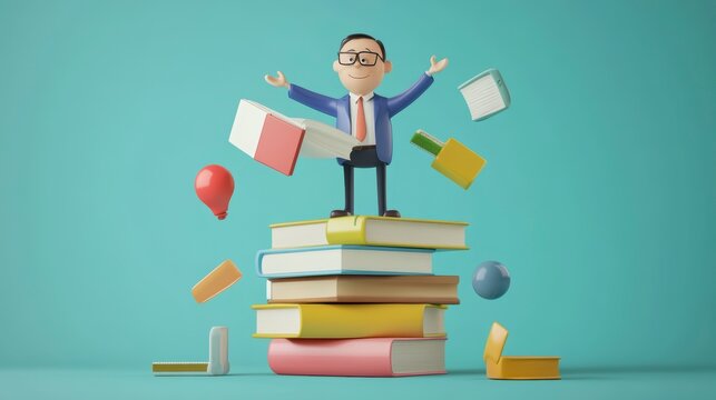 Joyful cartoon businessman stands atop a stack of books with colorful stationery floating around him against a teal background. - Powered by Adobe
