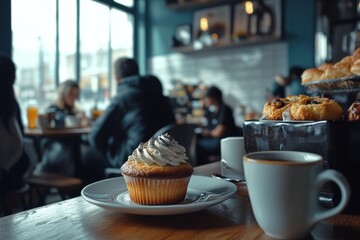Cupcakes and coffee on a table in a bakery or cafe, with people enjoying their time eating, drinking, and socializing.