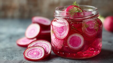 Pickled radishes in glass jar, pink and white slices, white setting, crisp texture, clean aesthetics