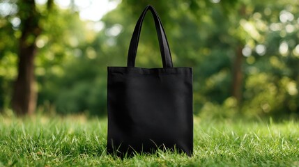 High-quality photo of mockup of a black tote bag laying on grass, Black cotton or mesh eco bag on green grass.