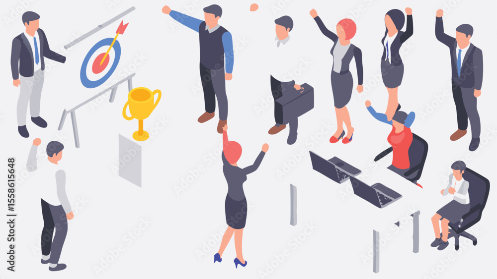 Poster isometric view of a team celebrating success with a target board and trophy in an office setting