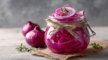 Pickled red onions in jar, bright pink hue, white background, tangy condiment, sharp clarity, modern food styling