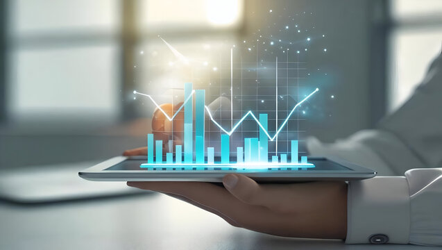 stock market graphs business graph showing growth hand with a tablet computer and a drawing graph