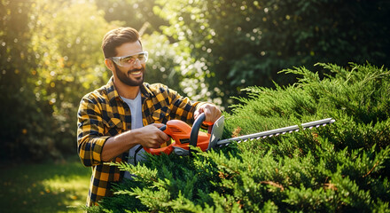 Smiling Man Trimming Hedge in Sunny Garden