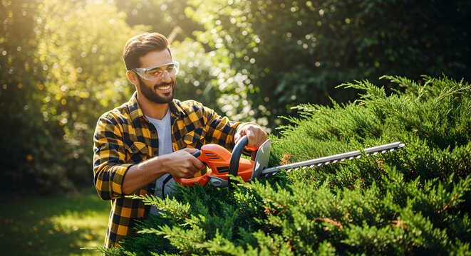 Smiling Man Trimming Hedge in Sunny Garden