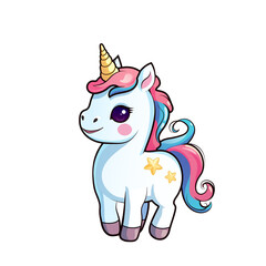 Cute Unicorn  isolated colorful vector illustration in soft gradient on white background. Detailed  magical children's print, poster, elememt for design of clothing, textiles, rooms.

