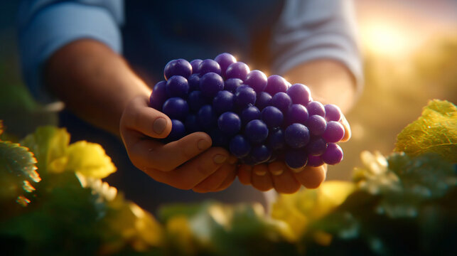 Hands holding freshly harvested purple grapes in a lush vineyard. Golden sunlight illuminates surroundings, capturing essence of winemaking. Concept of agriculture, vineyard tours, organic farming - Powered by Adobe