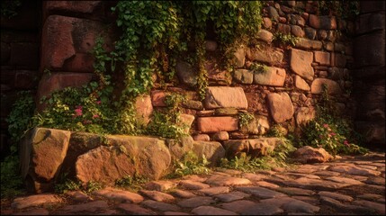 Brick Wall with Ivy in Sunlit Garden