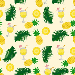 Seamless pattern of pineapple fruits (Ananas comosus), pineapple slices, pineapple cocktail and green palm leaves, in tropical and summer theme on ivory background