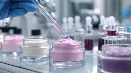 High-quality photo of scene from a cosmetic laboratory showcasing research and development of bio skincare creams and serums, highlighting the science behind beauty products.
