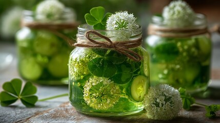 St. Patrickâ€™s Day green pickles in jar with clover, lucky charm food, fun blurred white background