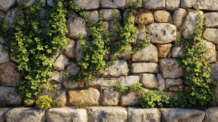 Stone Wall with Vine Growth and Greenery