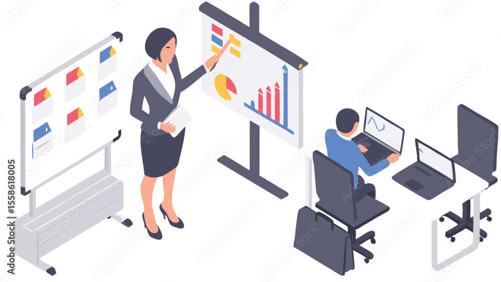 Aufkleber woman presenting data on a chart to a man working on a laptop in an office environment setting scene