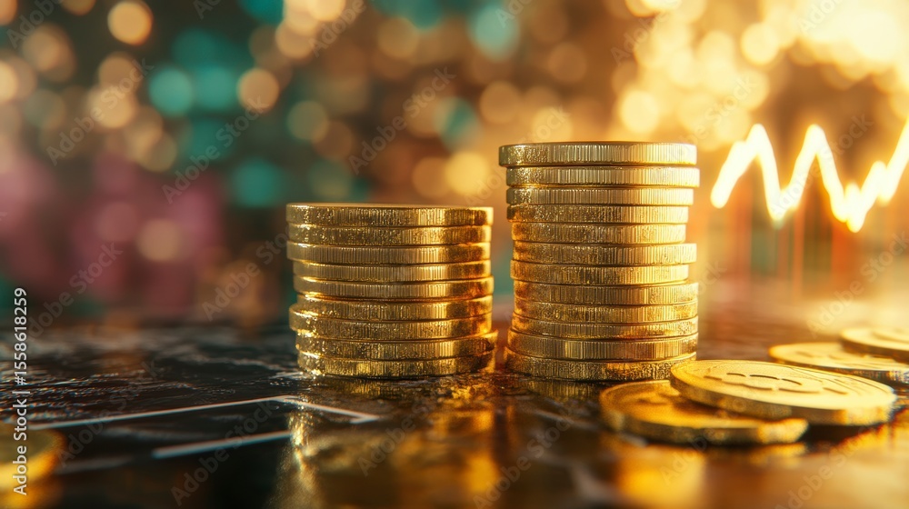 Poster two stacks of gold coins on a financial chart with a blurred bokeh background showing a rising graph