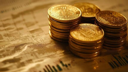Stacks of gold Bitcoin cryptocurrency coins on a financial chart.