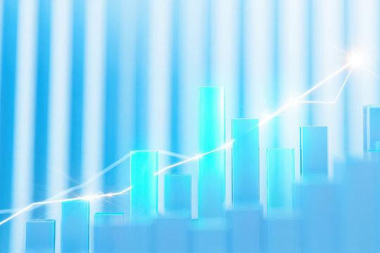 A light blue bar graph with a white line going up and to the right on a light blue background