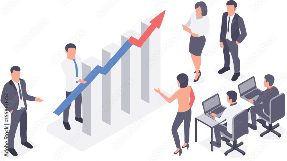 Aufkleber isometric view of business team discussing growth chart and working on laptops in a meeting setting