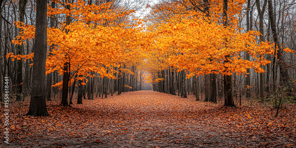 Poster path through a forest with trees that are orange and yellow