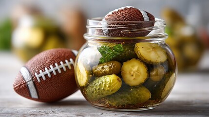 Super Bowl pickle jar with football decor, game day snack, fun blurred white backdrop, sports humor