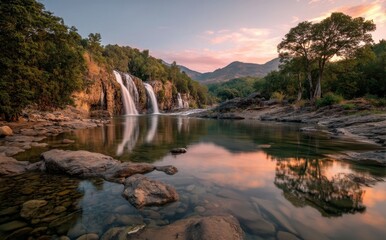 Majestic Waterfall Cascading Into Tranquil Pool Surrounded By Lush Green Trees and Vibrant Sunset Sky Over Serene Landscape