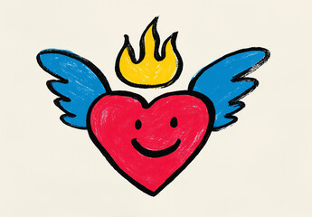 Winged Heart, A cheerful heart with a vibrant fiery flame on top and a smiling expression, symbolizing joy and warmth.